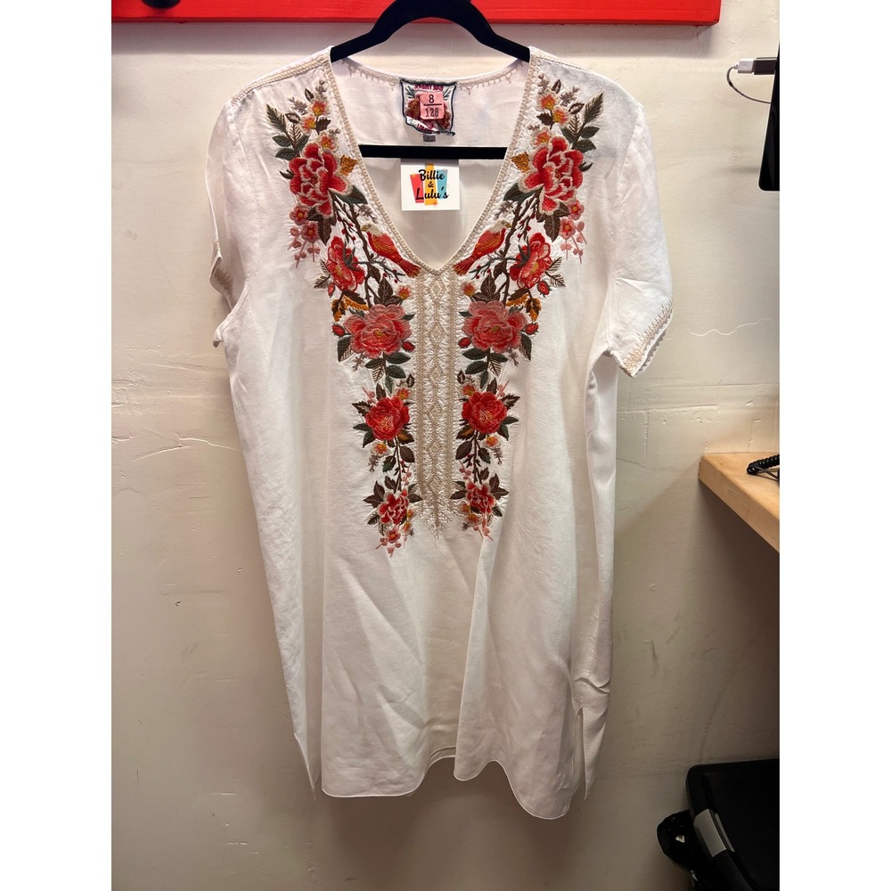 Johnny Was White Boho Style Heavy Embroidered Short Sleeve Blouse